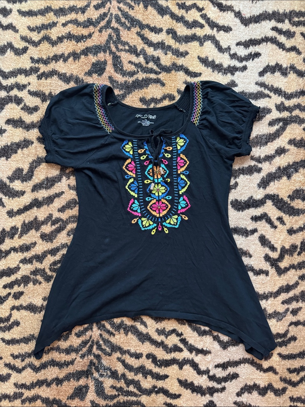 RXB Black Short-Sleeve Tunic with Colorful Embroidered Front